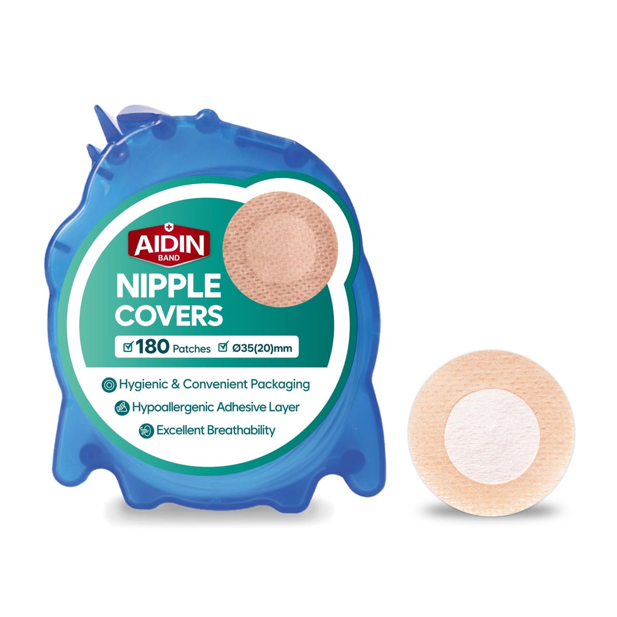 Round Nipple Covers — Ø 35 mm · 180 count dispenser
